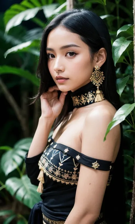 A stunningly realistic photo of a young Maya woman, gazing directly at the viewer with intense dark eyes. Her short, jet-black hair is styled in a sleek, close-up framing that accentuates her sharp features. She wears traditional Guatemalan clothing, an of...