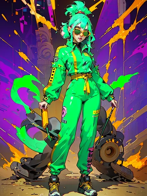 Workwear jumpsuit、Costume with glowing linesを着た女性, cyber punk, Punk Rock, Mosh Pit, (Highest quality,4K,8K,High resolution,masterpiece:1.2),Live Stage、Costume with glowing lines、Large sunglasses,Punkish hairstyle、Full body portrait
