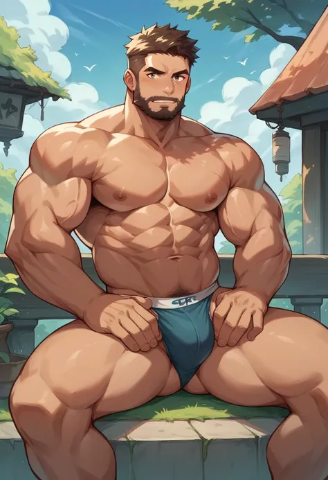 Muscular Arab with a lot of hair on his torso and legs with a beard, brown hair and curl in underwear with a bump in the center