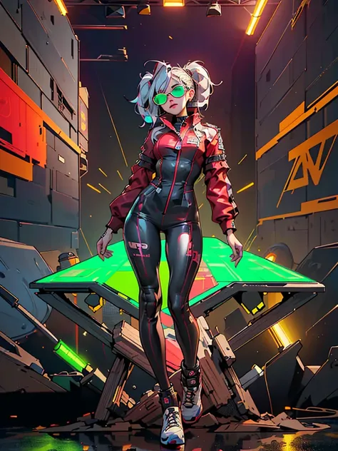 Workwear jumpsuit、Costume with glowing linesを着た女性, cyber punk, Punk Rock, Mosh Pit, (Highest quality,4K,8K,High resolution,masterpiece:1.2),Live Stage、Costume with glowing lines、Large sunglasses,Punkish hairstyle、Full body portrait
