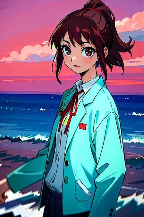 (masterpiece, best quality:1.2), samidare asahina, 1girl, brown eyes, brown hair, jacket, long sleeves, neck ribbon, ocean, red ...