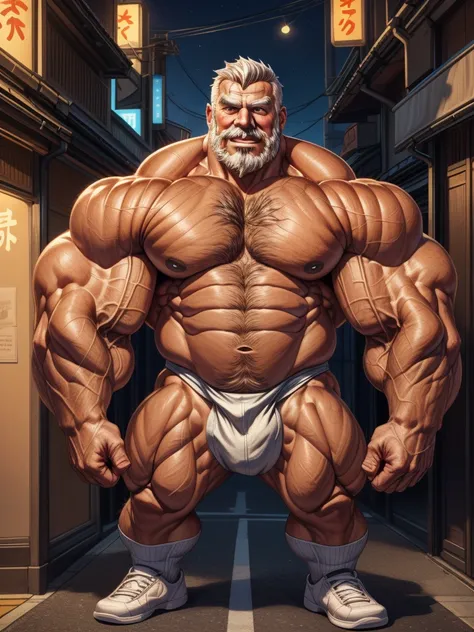 huge muscular old man in tokyo, white and short hair, white beard, old, old man, (chest hair, pubic hair,) grandpa, huge scar on chest:1.2, (huge muscular), detailed muscles, 8k, masterpiece:1.2, hyper realistic, white fundoshi:1.2, highly detailed full bo...