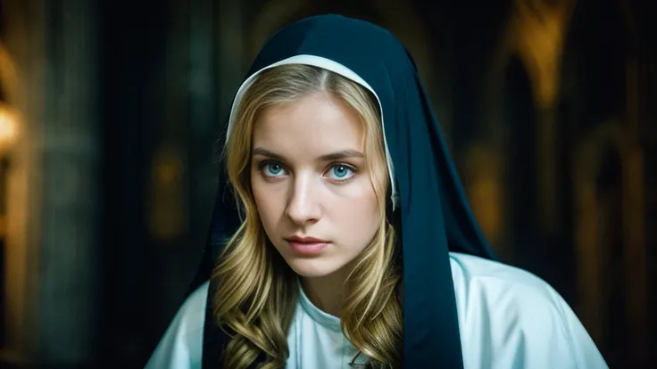 Beautiful blonde with big breasts dressed as a nun (Depressed in a dark church),Wearing headphones,Very detailed, 21 years old, Innocent face, Naturally Wavy Hair, blue eyes, High resolution, masterpiece, Highest quality, Intricate details, Very detailed, ...