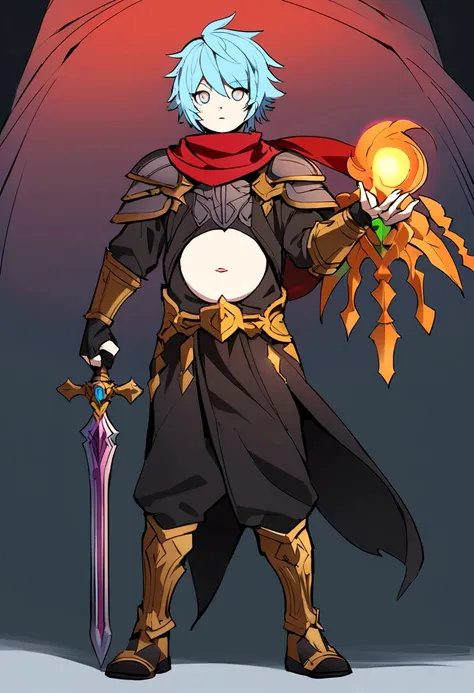 Full Body art of in, league of legends style- a16 year old cute teen boy wearing a red headband, long light blue emo hair, with bangs, silver eyes, yellow pupil, retina, he wears a Black medieval adventurous coak clothing, with very nice red scarf, he is s...