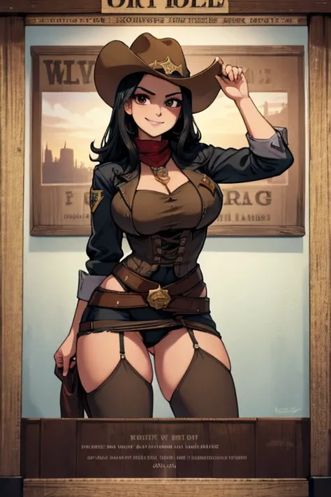 Perfect face, Perfect hands. A black haired female cowgirl with brown eyes and an hourglass figure in a conservative cowgirls outfit is posting a wanted poster in front of the sheriffs office with a big smile