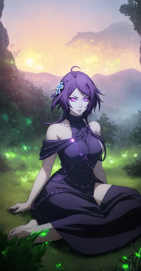 mc, ahoge, (long hari, purple hair:1.3), hair ornament, dark-blue eyes, breasts, epic art, fantasy, 1girl, grass, solo, barefoot...