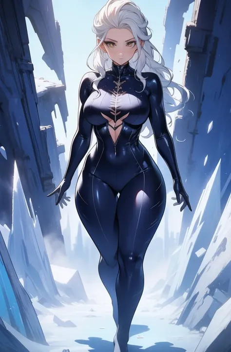 female, solo, young, sexy body, voluptuous figure, tightsuit, white hair, decolored blonde hair, ice effects around, ice queen, ...