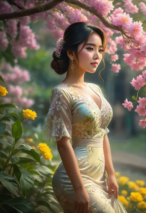 Myanmar girl  big ass Myanmar dress Flower drawing very detail, soft lighting glow effect, cinematic look, beautiful hair