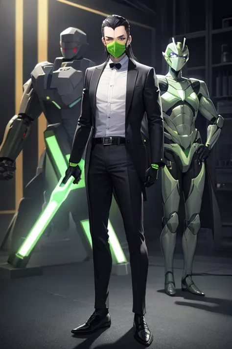 ((best quality)), ((masterpiece)), (detailed), 1 man, full body, 30s, masked, white mask, long hair slicked back, mask with green details, small diamond on forehead, bright green eyes, black collar, tall, thin, long green robe, open robe showing his chest,...