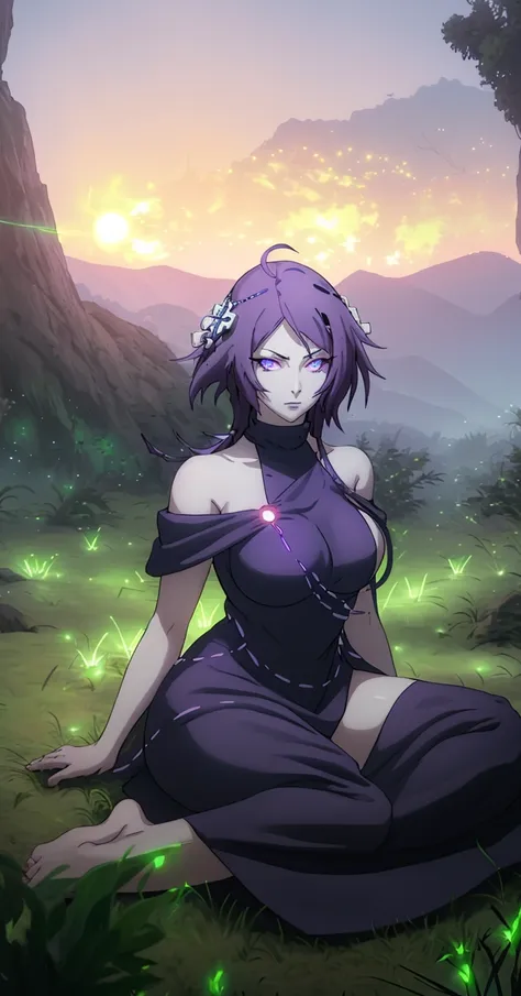 mc, ahoge, (long hari, purple hair:1.3), hair ornament, dark-blue eyes, breasts, epic art, fantasy, 1girl, grass, solo, barefoot...