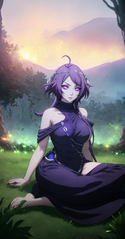 mc, ahoge, (long hari, purple hair:1.3), hair ornament, dark-blue eyes, breasts, epic art, fantasy, 1girl, grass, solo, barefoot...