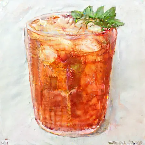 produce a watercolor style image of iced tea, filled with ice cubes, served in a glass cup. emphasize the texture of the ice cub...