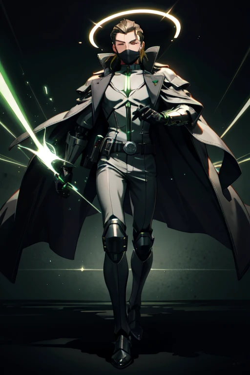 ((best quality)), ((masterpiece)), (detailed), 1 man, full body, 30s, masked, long brown hair slicked back, white mask with green details, small diamond on forehead, glowing green eyes, black collar, tall, thin, long green trench coat, open trench coat sho...