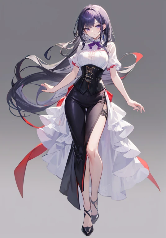 purple,long hair,woman,(corset),Shirt with rolled up sleeves,((Roll up your sleeves)),high heels,,simple background,smile,whole body,full body,full body,Standing picture,vtuber,upright,,Standing upright with face and body facing forward,