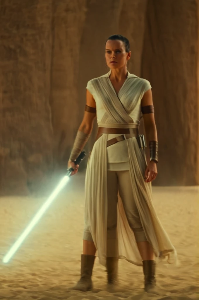 cinematic film still rey as a total mommy, jedi, lightsaber, full body, at ahn'qiraj . shallow depth of field, vignette, highly ...