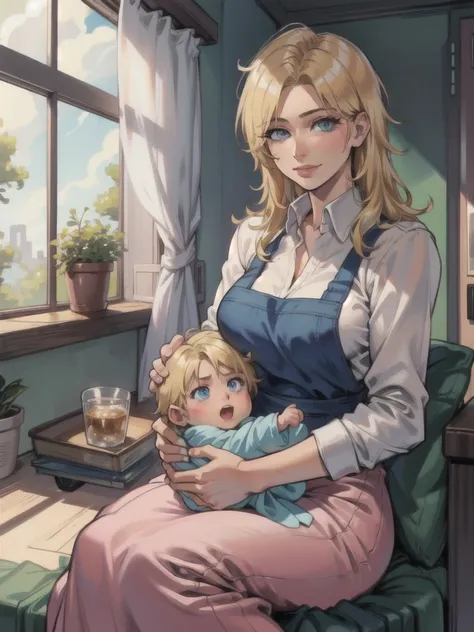 masterpiece, best quality, mgs3eva, platinum blonde, blue eyes, pink dress, smile, apron break (holding baby boy with brown hair...