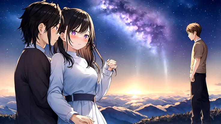 the background is the fantastic milky way、close-up of the upper body of a man and woman standing on a hill, holding hands and lo...