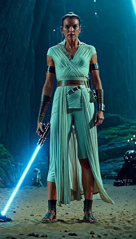 cinematic film still rey as a total mommy, jedi, lightsaber, full body, at ahn'qiraj . shallow depth of field, vignette, highly ...