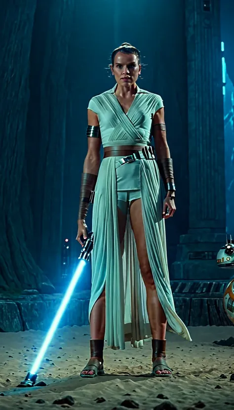 cinematic film still rey as a total mommy, jedi, lightsaber, full body, at ahn'qiraj . shallow depth of field, vignette, highly ...