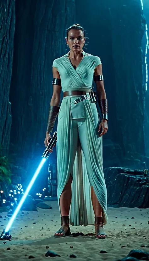 cinematic film still rey as a total mommy, jedi, lightsaber, full body, at ahn'qiraj . shallow depth of field, vignette, highly ...