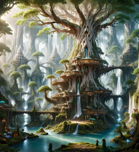 elf city, built on a large tree, white buildings, with waterfalls, a plantation below the city, a huge staircase in the middle,h...