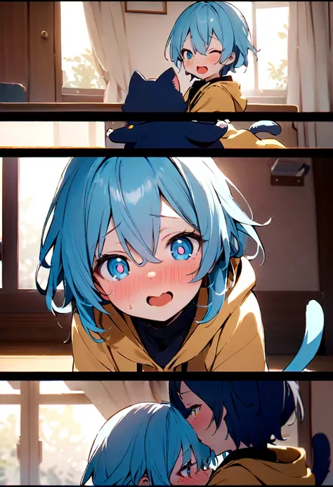 hoodieを着た男の子1名, Shota, Cat ear, Cat&#39;s Tail,,  Embarrassed, (masterpiece), Highest quality, Expressive eyes, Perfect Face, smile, Open your mouth, Full Color, detailed, 8K, 4K, High resolution, Symmetric, Extraordinary cuteness, Best aesthetics, school ...