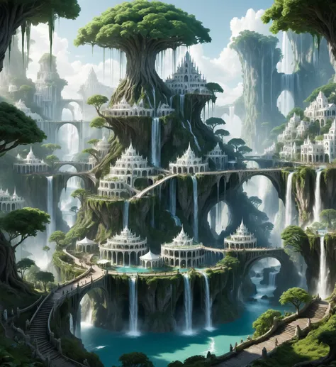 elf city, built on a large tree, white buildings, with waterfalls, a plantation below the city, a huge staircase in the middle,h...