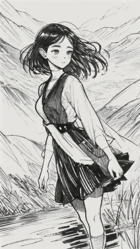 one girl,line art,monochrome,sketch,pencil drawing,traditional media,one girl, skirt,cute teenage girls, ,beautiful portrait、del...