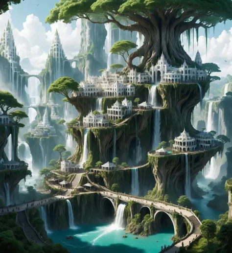 elf city, built on a large tree, white buildings, with waterfalls, a plantation below the city, a huge staircase in the middle,h...