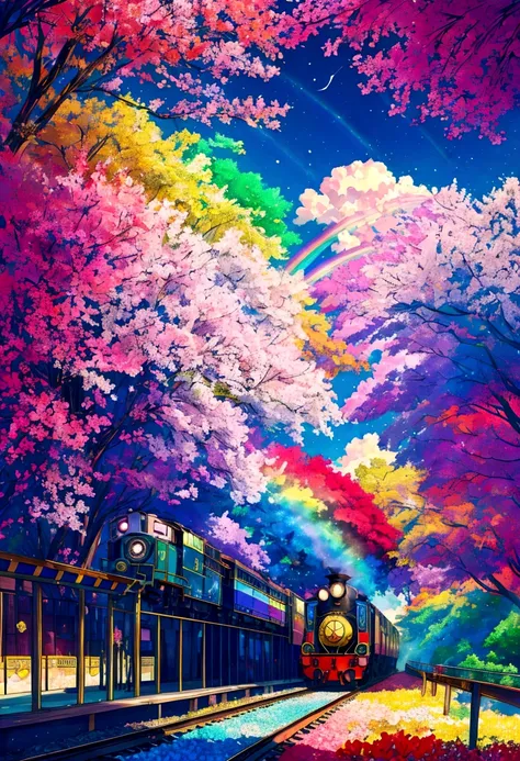 a locomotive running on rainbow-colored tracks，colorful，beautiful flower，nice views，utopia，an atmosphere full of dreams and hope...