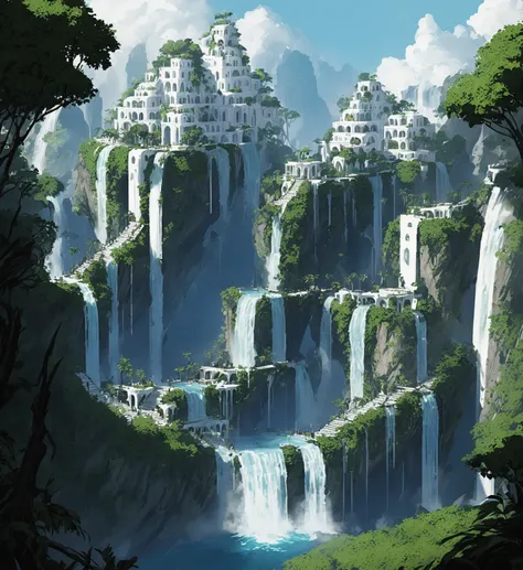 elf city, built on a large tree, white buildings, with waterfalls, a plantation below the city, a huge staircase in the middle,h...