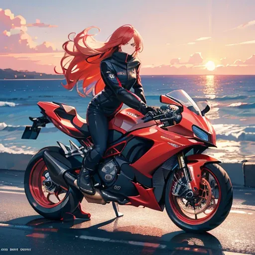 (best qualityer, high resolution), woman, sitting on a mighty, the modern ducati motorcycle, color red,dynamic pose, wind blowin...