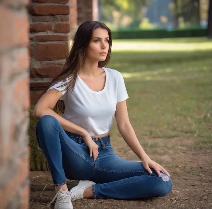 beautiful woman wearing jeans and a ((t-shirt)), sitting on the ground feet apart   hi detail, sharp focus, perfect lighting, aw...