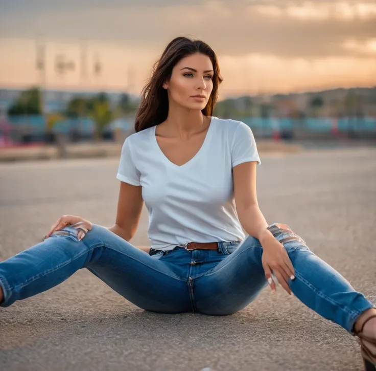 beautiful woman wearing jeans and a ((t-shirt)), sitting on the ground feet apart   hi detail, sharp focus, perfect lighting, aw...