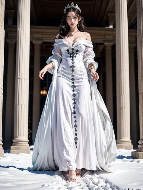 hyper realistic picture, a girl standing in snow ground and wears a luxurious gothic white dress. She has amazing make up, and she looking at the bottom, camera angle at bottom on her toes. she absolutley stunning and having very long white hair, wear quee...