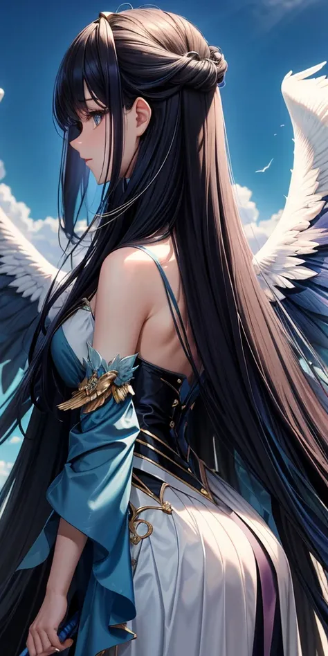 Highest quality, ((Blue sky background)), 光の女god, god々, (Big wings of angels on the back), Hair style: Long straight, Hair is waist-length, ((Don&#39;t tie your hair up)), (Glossy blonde), Eye color is green, round face, (((Bright expression)), Large Breas...