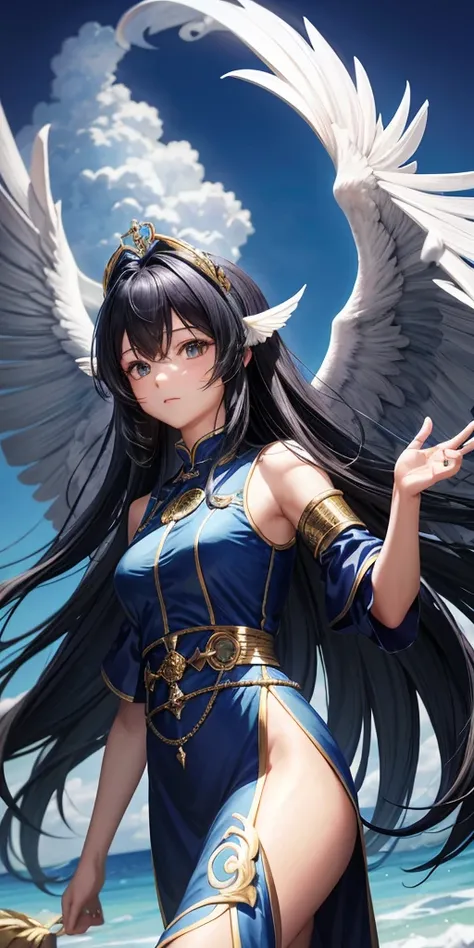 Highest quality, ((Blue sky background)), 光の女god, god々, (Big wings of angels on the back), Hair style: Long straight, Hair is waist-length, ((Don&#39;t tie your hair up)), (Glossy blonde), Eye color is green, round face, (((Bright expression)), Large Breas...