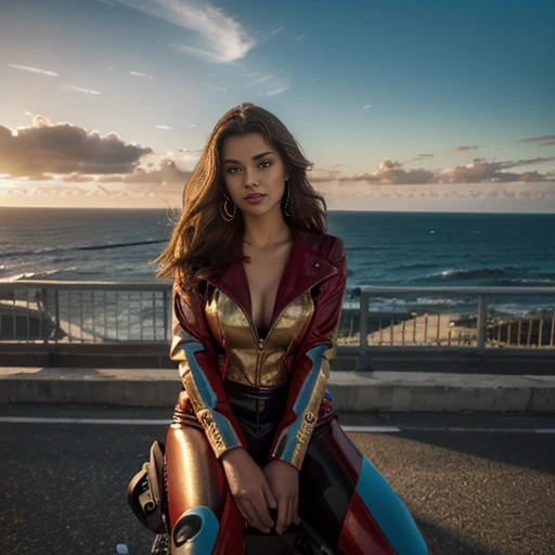 (best qualityer, high resolution),1womanl,Bela, sitting on a mighty, modern bridge motorcycle, color red,dynamic pose, wind blowing your hair, swirly vibrant colors, stunning sunset, landscape by the sea, golden hour lighting.