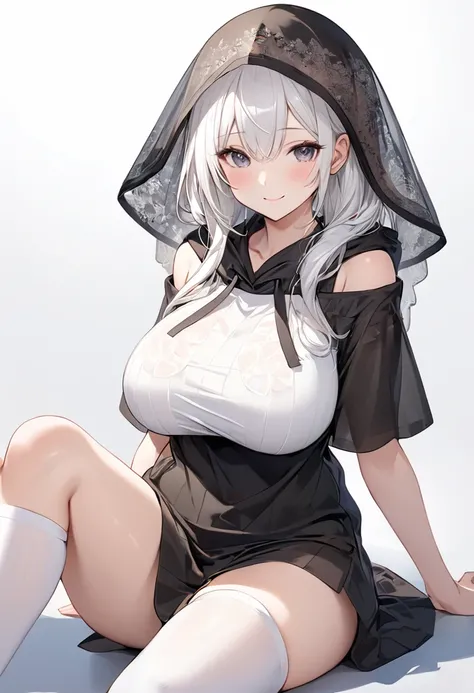 ((Highest quality)), ((masterpiece)), ((Very detailed)), (Very mature),A cute high school girl with a gentle look, white hair and about 165cm tall.，A female high school student with big breasts and a cute smile wearing a transparent black waifus with a cut...