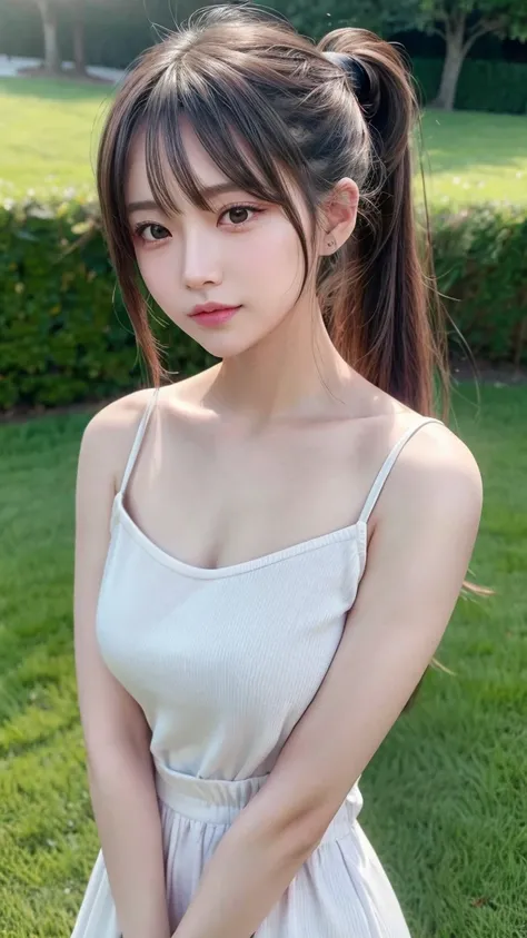 One piece with collar,outdoors,Urban Park,On the lawn,Ultra-detailed, finely detail, hight resolution, 8K Wallpaper, Perfect dynamic composition, Beautiful detailed eyes,Outdoor,Close-up of face,Outdoor,Blushing,Facing forward,,Long hair ponytail,((8k, Raw...