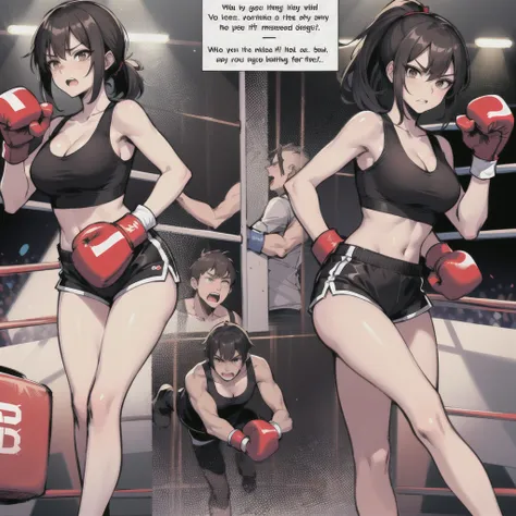 masterpiece, best quality, 1 girl,  short medium black hair in ponytail, brown eyes, black tank top, large breasts, cleavage, black striped shorts, (Text Bubble), comic about boxing match, looking straight ahead, fighting pov, looking at camera, fight, pun...