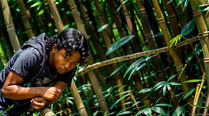 image of a black male teenager, 12 years old - wearing a dark gray long-sleeved shirt = no pattern - short curly hair - long pants and straw sandals, - looking in profile at the bamboo grove, - running slowly towards the camera alone on the path = Image of...