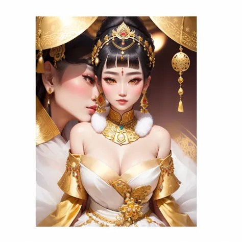 a close up of a woman with a gold head piece and earrings, south east asian with round face, traditional beauty, traditional makeup, traditional female hairstyles, nivanh chanthara, south east asian with long, traditional, dilraba dilmurat, imperial and el...