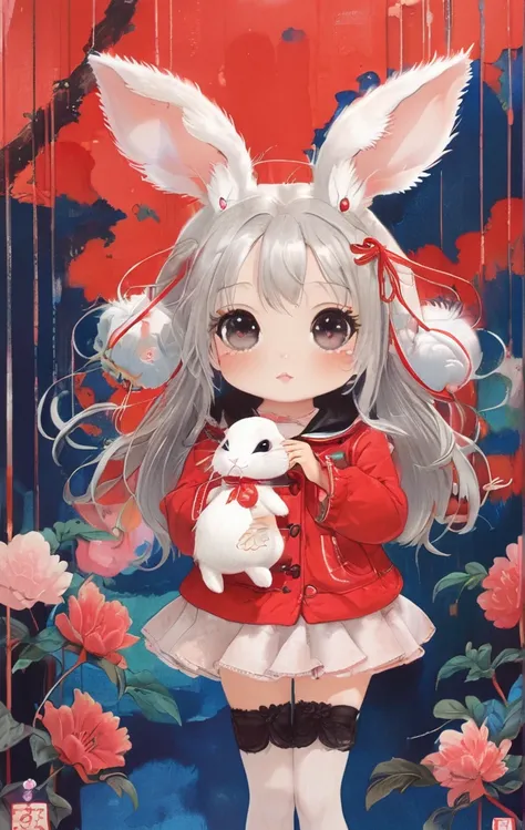 On a bright red campus"YES"Character、beautiful illustration, best quality, cute girl, bedroom, pastel color, fluffy bunny ears, , silver long hair, rabbit stuffed toy, bright lighting, light pink eyes