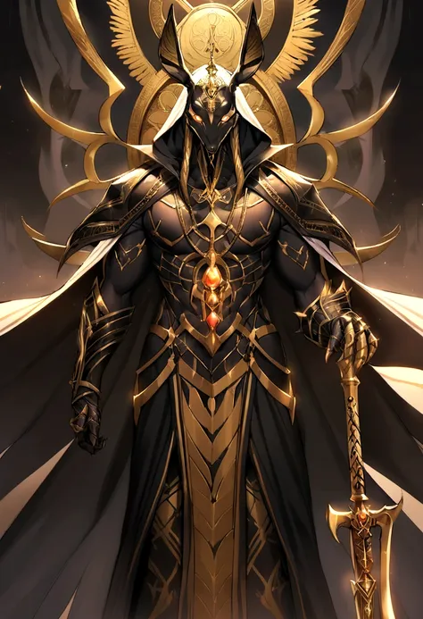 Anubis, the Jackal God, is a striking figure draped in ornate, obsidian black and gold armor that gleams with an otherworldly sheen. His head is that of a sleek black jackal, with piercing, glowing amber eyes that seem to see into the souls of the living a...