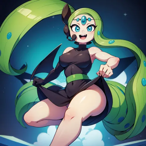 1girl, meloetta, pokemon (creature), mobface, blue eyes, chibi, :D, full body, black dress, green waist, concert stage, singing, dancing