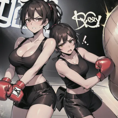 masterpiece, best quality, 1 girl,  short medium black hair in ponytail, brown eyes, black tank top, large breasts, cleavage, black striped shorts, (Text Bubble), comic about boxing match, looking straight ahead, fighting pov, looking at camera, fight, pun...