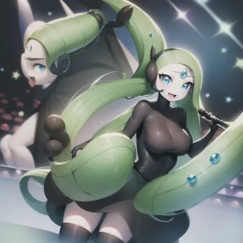 1girl, meloetta, pokemon (creature), mobface, blue eyes, chibi, :D, full body, black dress, green waist, concert stage, singing, dancing