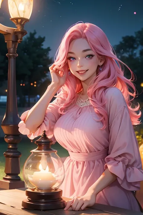 perfect face, perfect hands. A pink haired woman with violet eyes and an hourglass figure in a summer dress is smiling while leaning forward with  a big smile at night in the park
