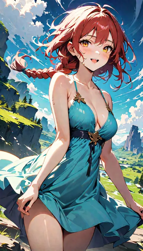 (highest quality:1.2), Very detailed, Vibrant, digital coloring, High Contrast, (masterpiece:1.2), highest quality, Best aesthetics, 1 female, red Hair, (long single braid:1.5), (messy hair:0.8), lemon yellow eyes, (((Blue Dress:1.2))), backless dress, (fa...